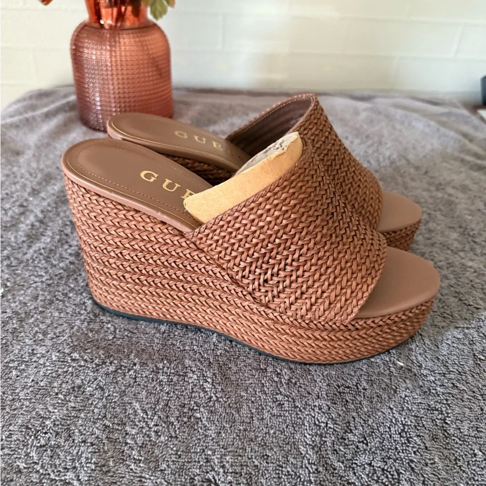 Guess Brown Woven Platform Wedge Slides - Picture 2 of 5